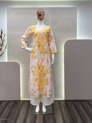 Attractive White And Yellow printed rayon Kurti with cotton thread embroidered work palazzo