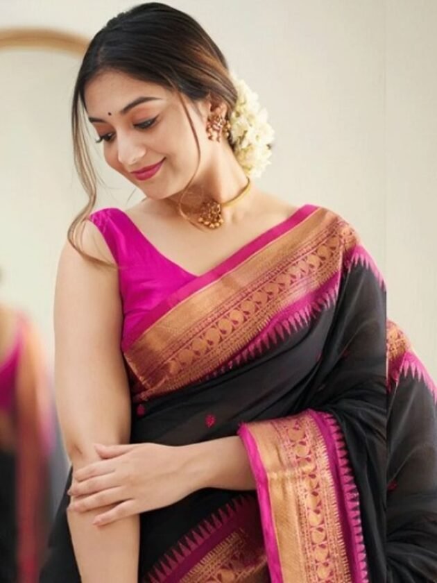 Black Saree with Pink Designer Border