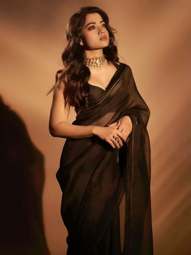 Rashmika Mandanna in Black Satin Saree