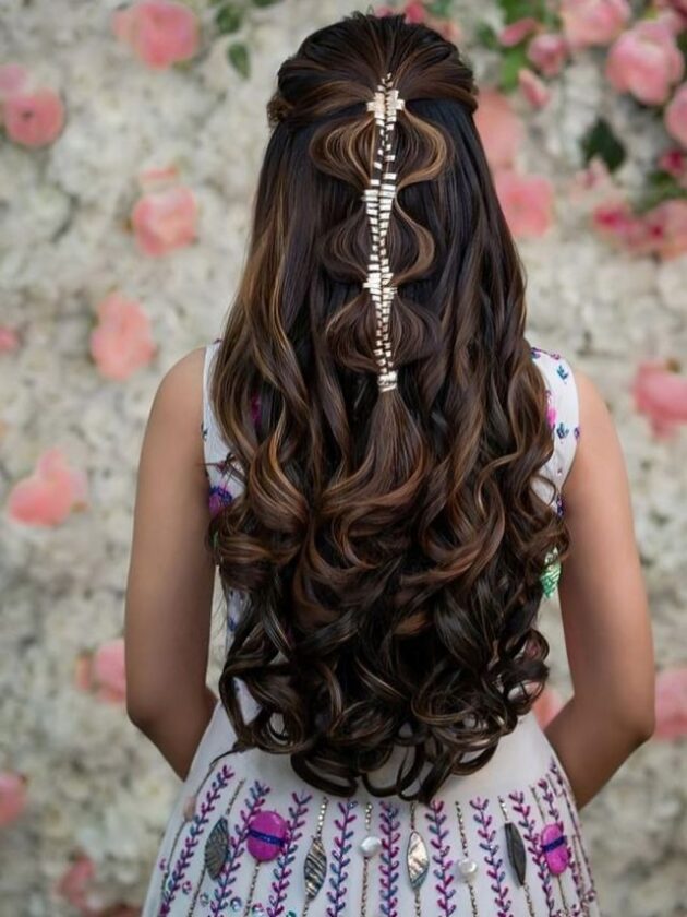 Bubble braids with Open Hair and lehenga for wedding