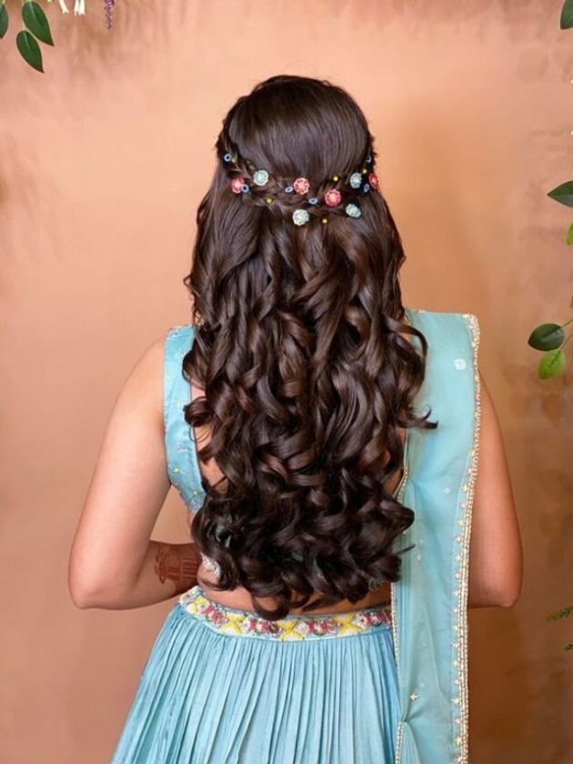 Crown Braid Flower attached Open Hairstyles with Lehenga for wedding