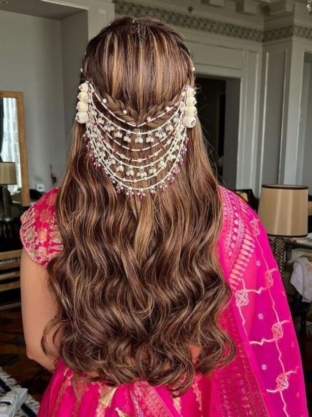 Easy Two side braid attached with jewellery and open hair for wedding