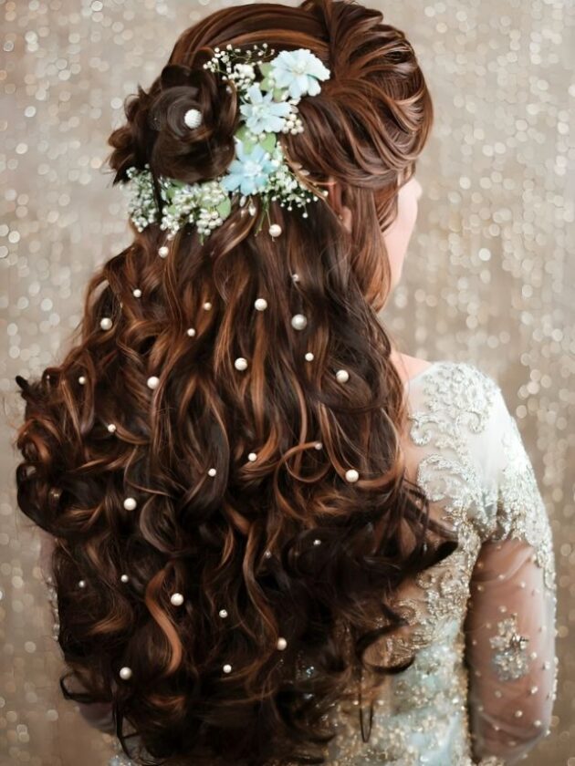 Floral Embellished Half Bun Open Hair for wedding