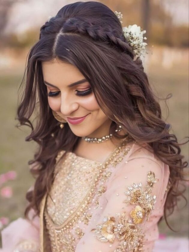 Hairband Style Braid with Open Hair and lehenga for wedding