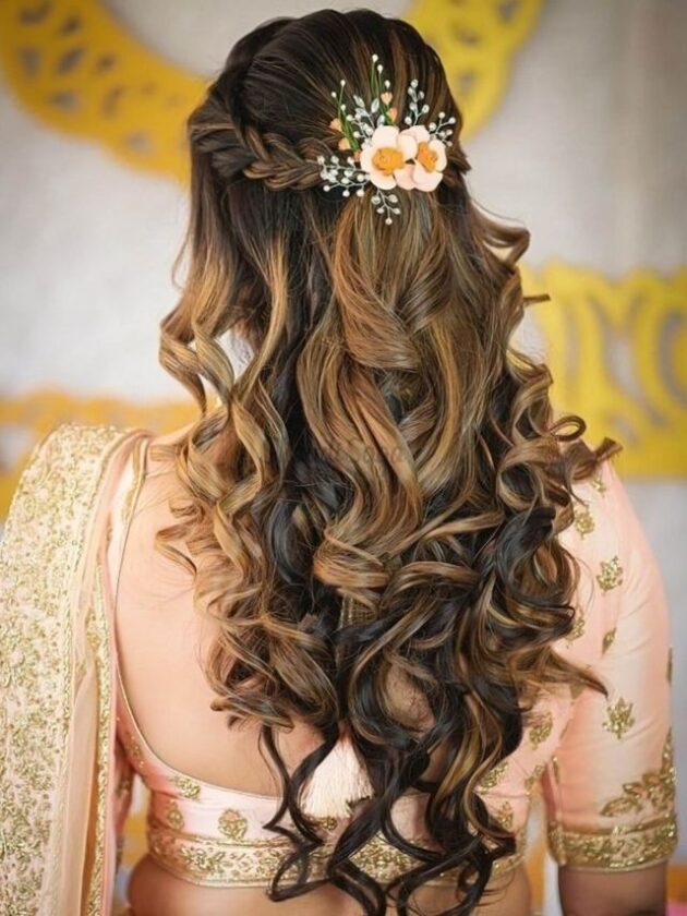 Half-updo Braided Hairstyle with saree for wedding