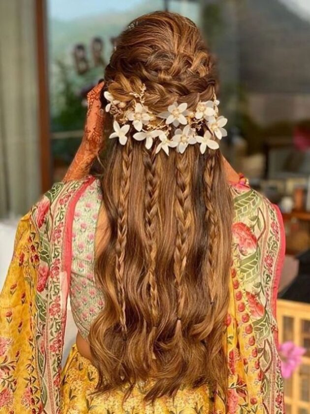 Multiple Braided Open Hairstyles With lehenga for Wedding