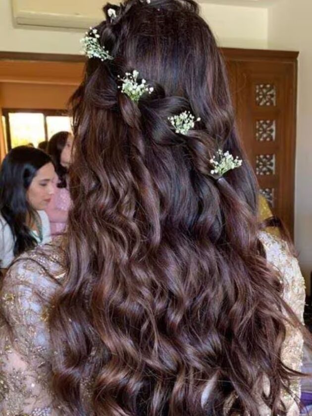 Open Hair with A Single Diagonal Braid with lehenga for wedding