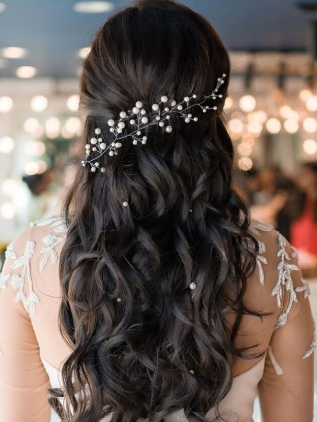 Pearl Studded Open Hair with gown for wedding