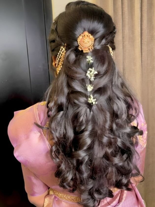 Pinned Back Curls Jewellery Attached Open Hair with Saree For wedding