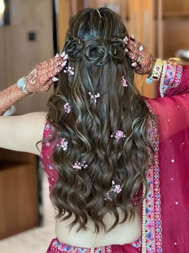 Rose Bun with Open Curves and Lehenga for wedding