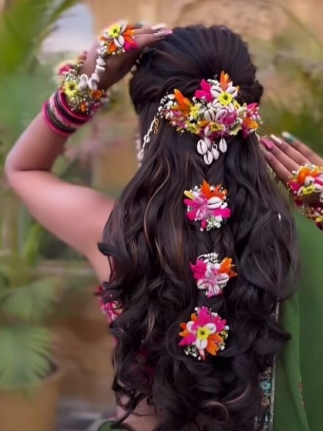 Shell-attached Open Hairstyle Boho Look with lehenga for wedding