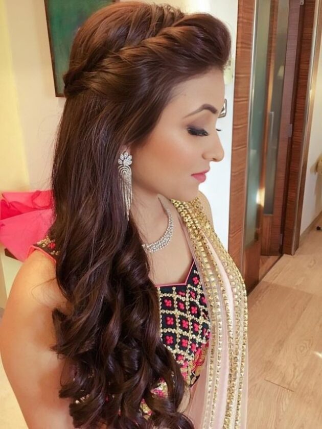 Side Parted Twisted Open Hairstyle with saree for Wedding