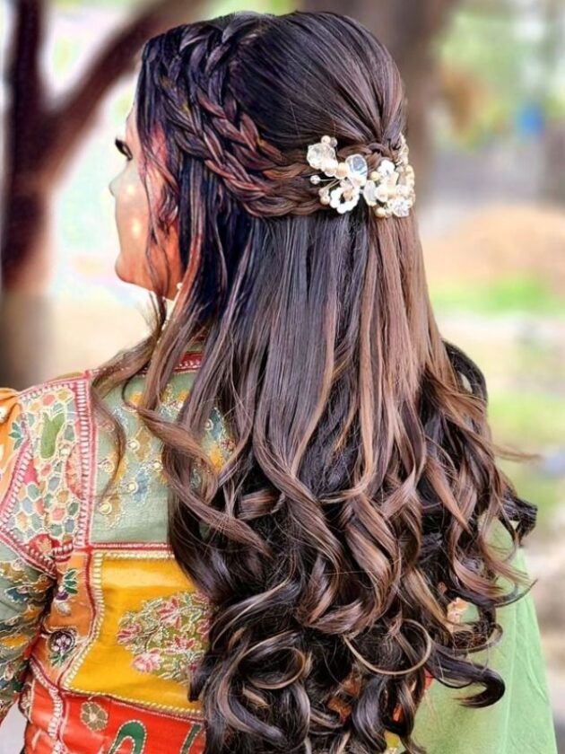 Simple Crown braid flower attached open hairstyles for lehenga