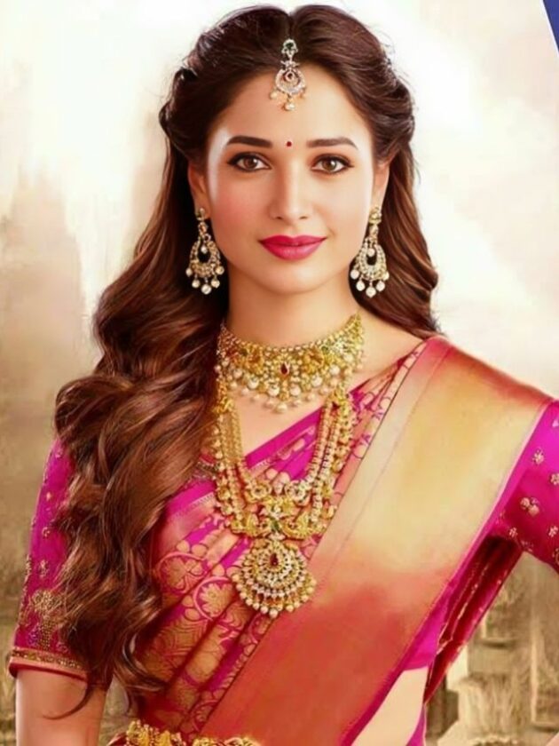 Tamannaah Bhatia in Two Side Twisted Open Hairstyle for Silk Saree