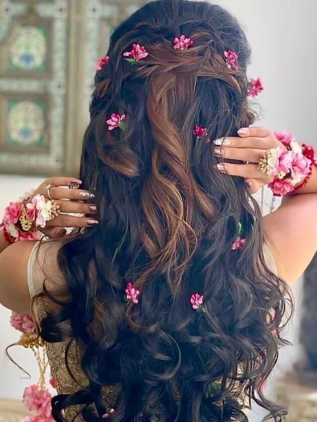 Waterfall hairstyle for wedding ladies lehenga