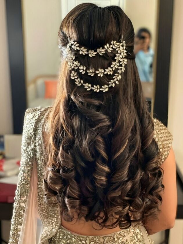 Waterfall hairstyle with curls with lehenga for wedding