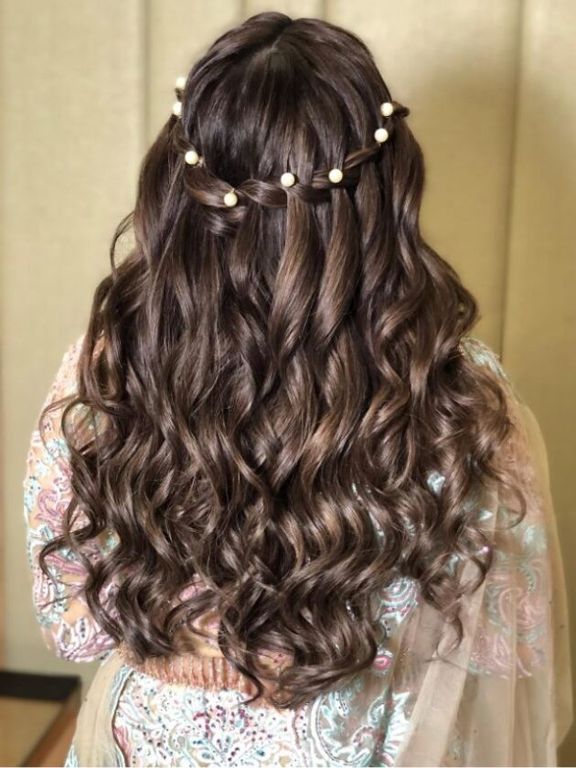 Waterfall hairstyle with lehenga for wedding