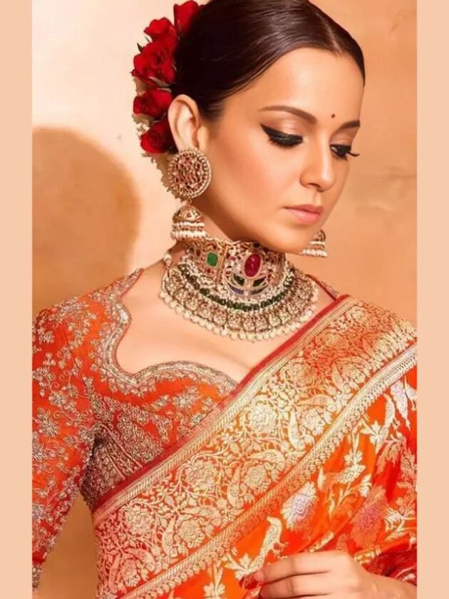 Kangana Ranaut in Wedding Marriage Banarasi Saree with Red Rose Studed Bun