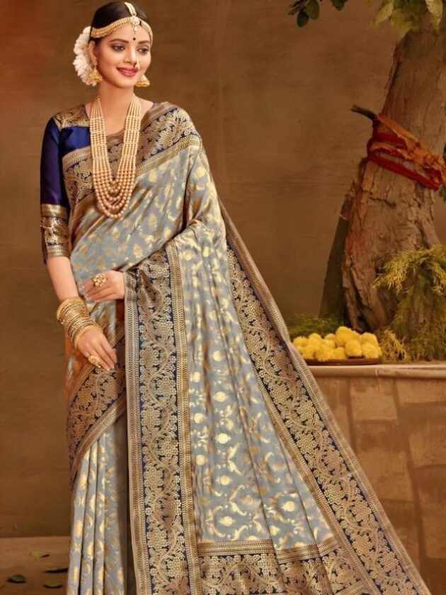 Latest Ash Grey Wedding Banarasi Saree