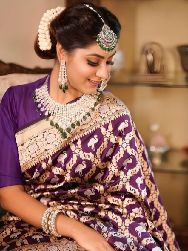 Purple Banarasi Saree Wedding Reception Look