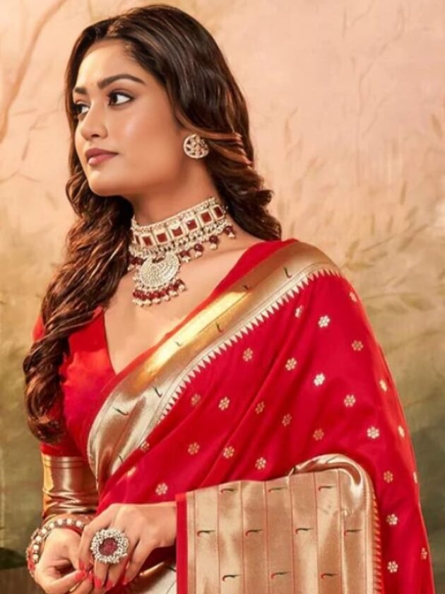 Red Banarasi Saree Look in Middle-parted Open Hair with End Curves