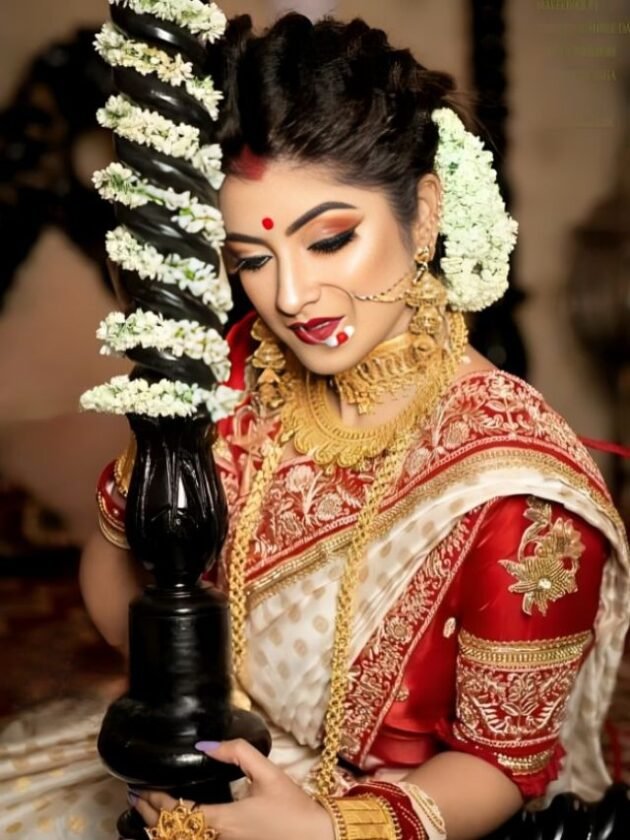 Red and White Banarasi Saree Bengali Bridal Look