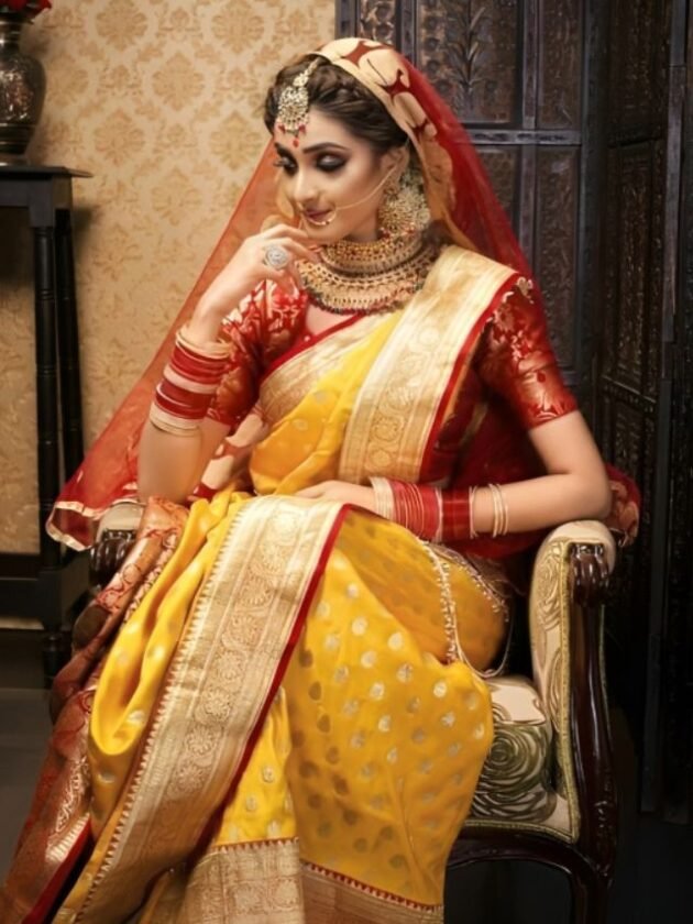 Red and Yellow Combined Banarasi Saree Wedding Look