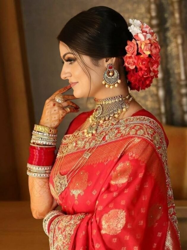 Wedding Marriage Banarasi Saree Look with Red Rose Studed Bun