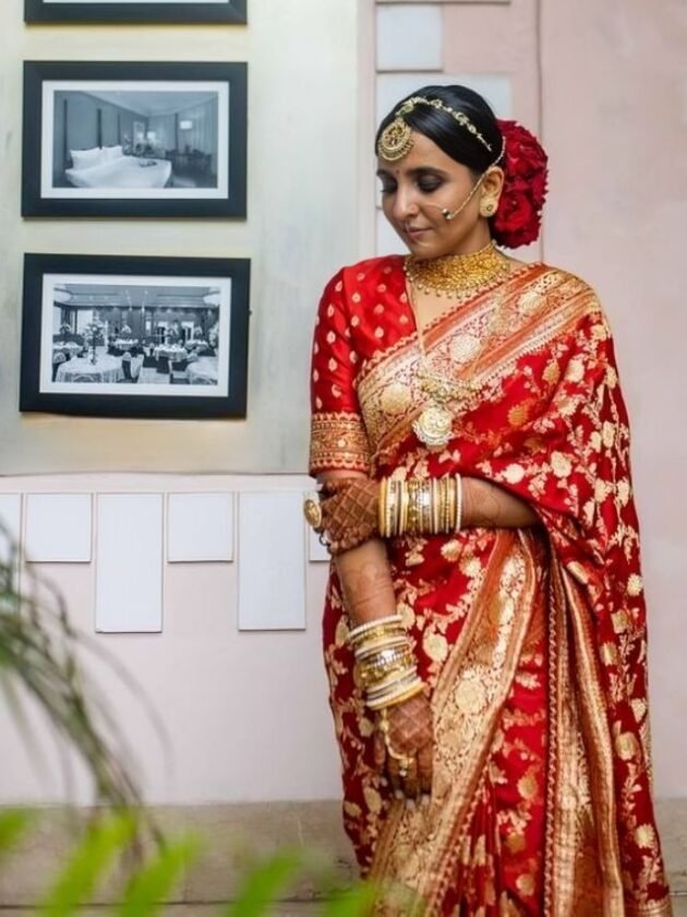 Wedding Marriage Banarasi Saree with Red Rose Studed Bun