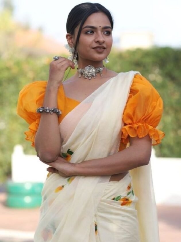 cotton saree with a ruffle sleeve blouse