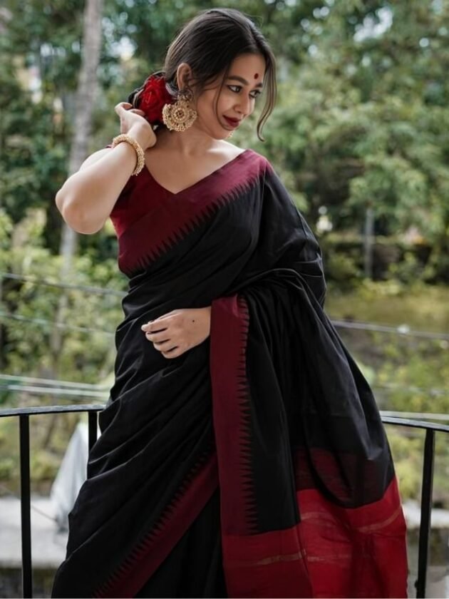 elegant cotton saree look with floral bun hairdo