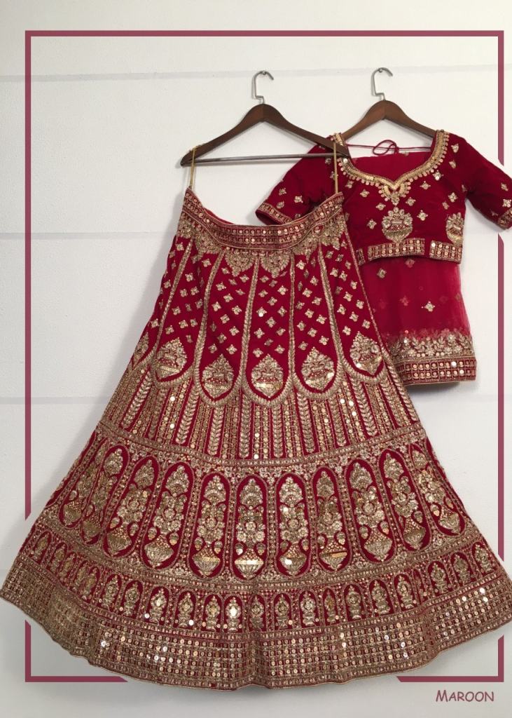 Buy Now Maroon Color Velvet Fabric Embroidered,Zari,Patch Work Designer  Bridal Lehenga Choli