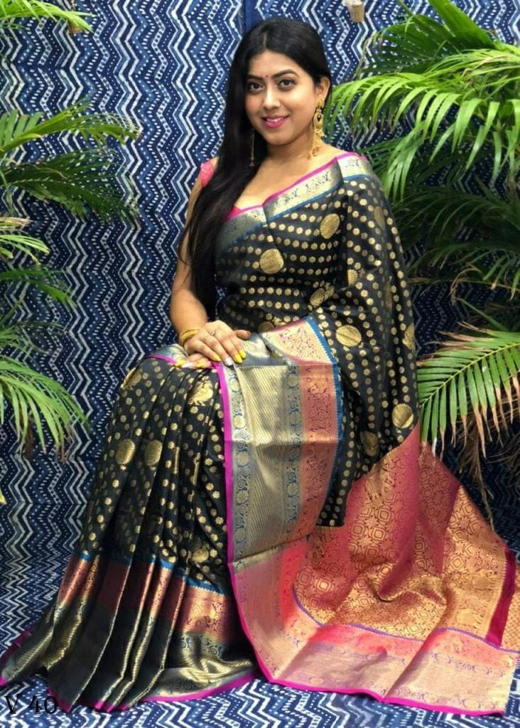 Triyah Black Woven Silk Saree With Blouse