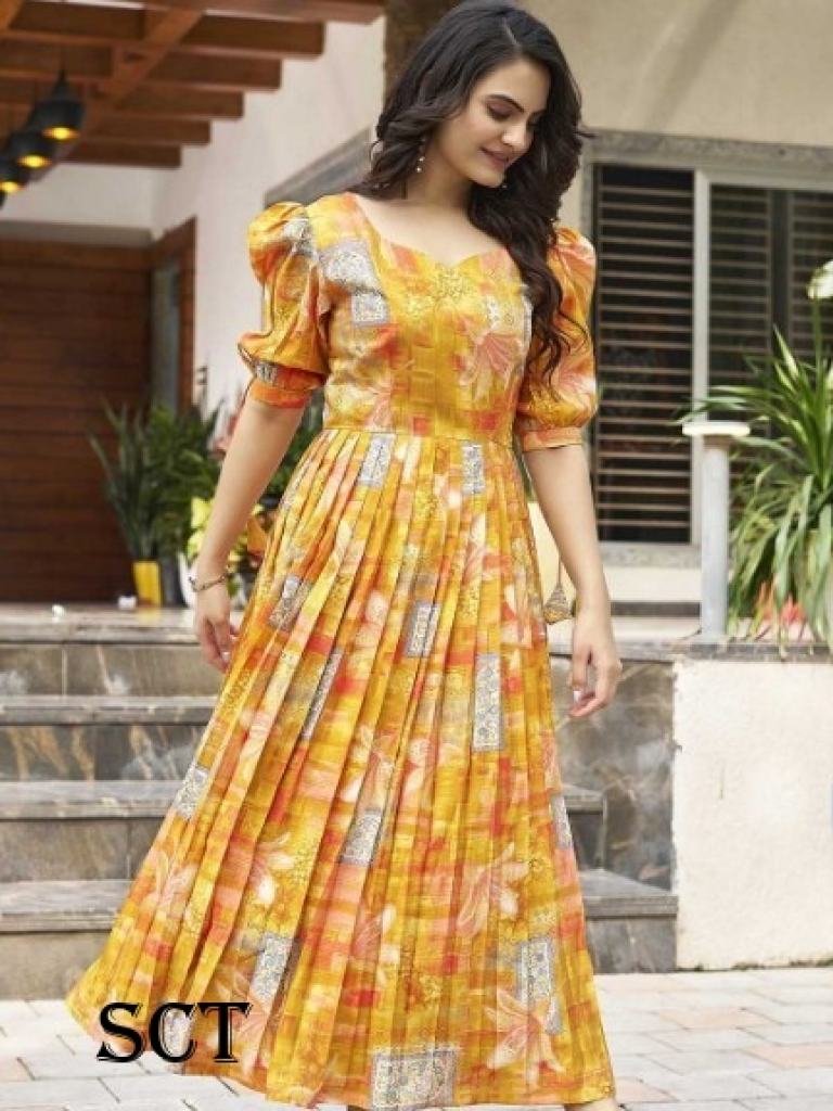 Fancy Yellow Printed Puff Sleeves Maxi Dress