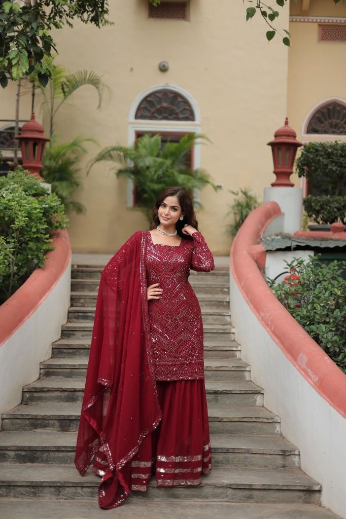 Thread Embroidered Sequins Work Red Kurti Sharara Dupatta Set