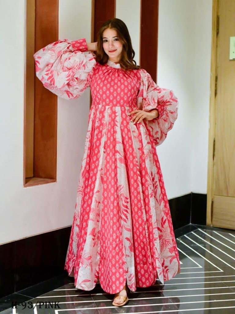 Latest Digital Printed Cotton Silk Pink Long Gown