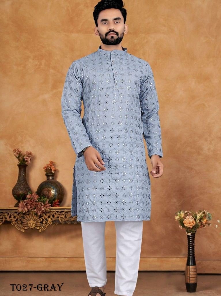 Men Wedding Wear Embroidery Work Gray Kurta with Pajama set