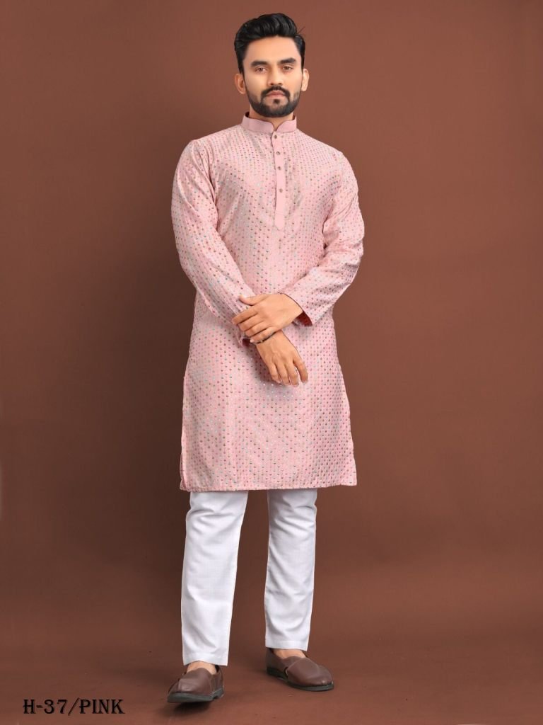 New Mens Wear Pink Jacquard Silk Kurta Pajama