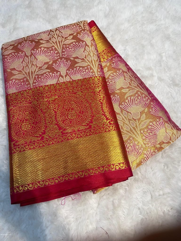 Priyamani Red Handloom Contrast Naylon Gold Zari Rich Kanjivaram saree