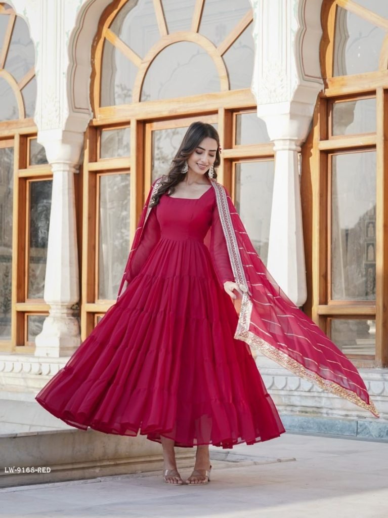 Red Attractive Full Sleeve Designer Faux Georgette Gown