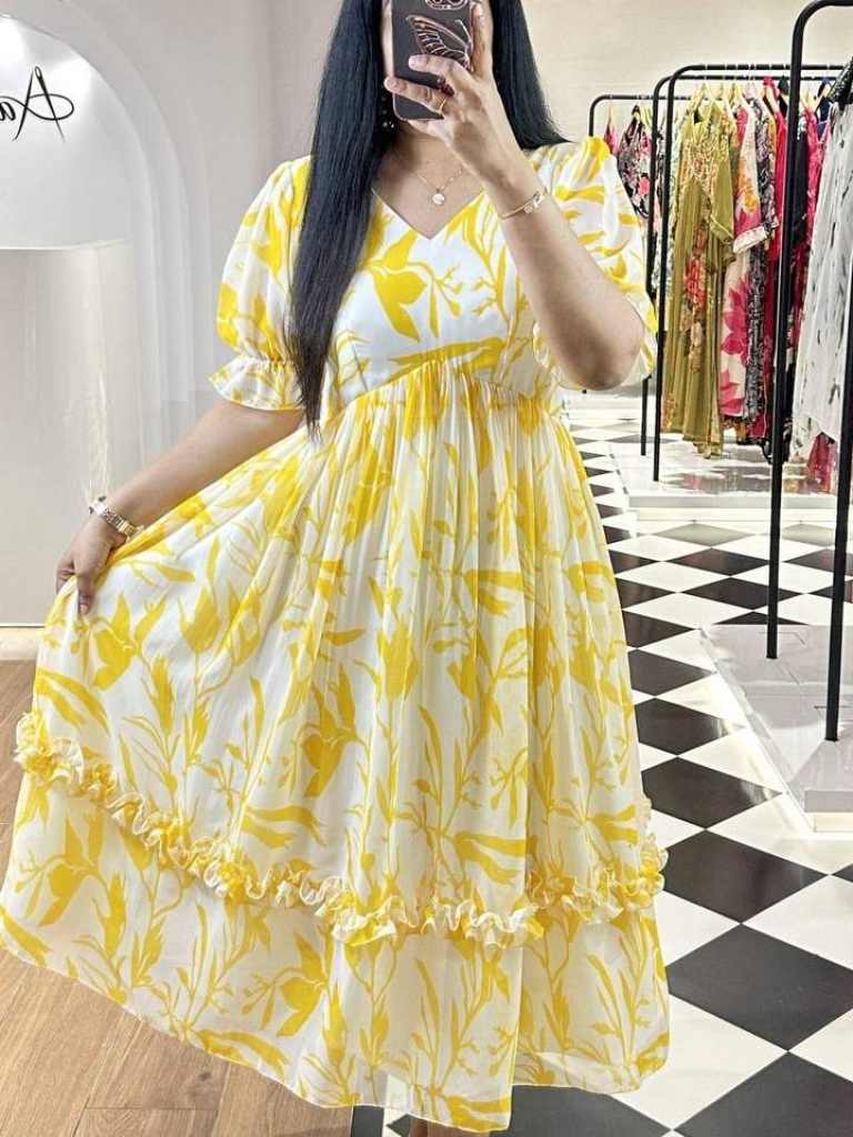 Summer Special Yellow Western Georgette Midi Dress