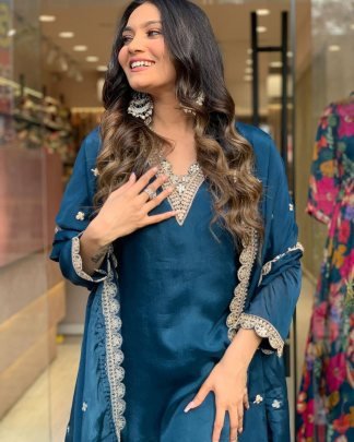 Luxurious Designer Rama Color Palazzo Suit Set with Dupatta