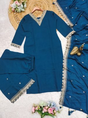 Luxurious Designer Rama Color Palazzo Suit Set with Dupatta