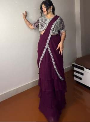 3 Layer Ruffle Wine Colour Ready To Wear Saree