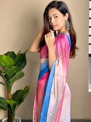 3mm Sequence Work Blue Colour Georgette Satin Saree