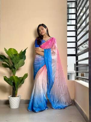 3mm Sequence Work Blue Colour Georgette Satin Saree