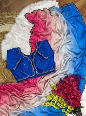 3mm Sequence Work Blue Colour Georgette Satin Saree