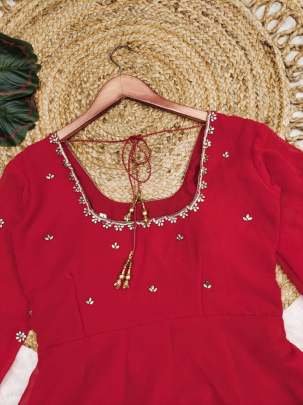 4 Meter Flair Handwork Red Anarkali Kurti With Fox Georgette Dupatta