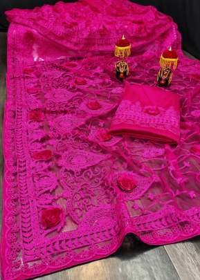 Hema Dark Pink Embroidery Nylon Net Saree