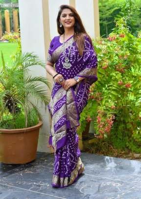 Mahi Purple Blue Bandhej Saree For Women